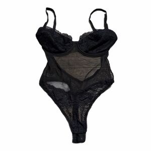 90s European Vintage Presence Lace Mesh Thong Lingerie Bodysuit Black Size Small